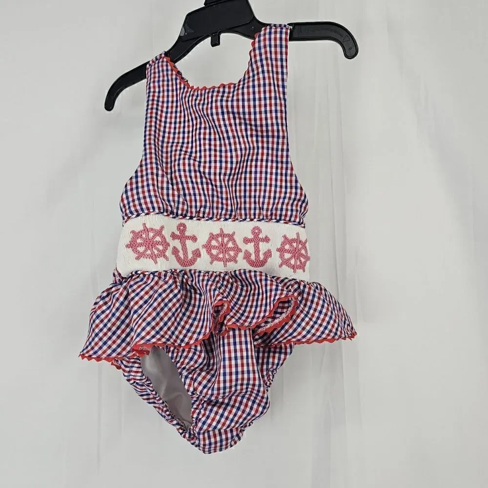 Stitches Of Faith Red White Blue Anchor Smocked Toddler Girl Size 3T Swimsuit